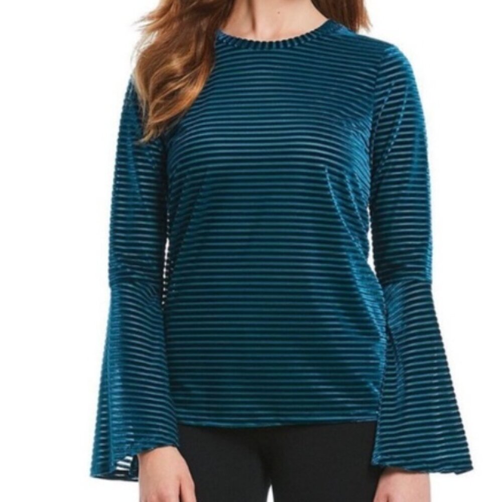 MICHAEL Michael Kors Teal Blue velvet and sheer Striped Flare Sleeve Top